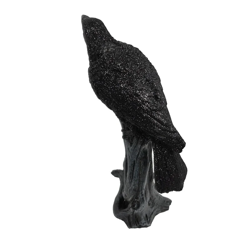 Black Raven Crow Figurine Tree Stump Gothic Halloween Decor Glitter Resin Statue
